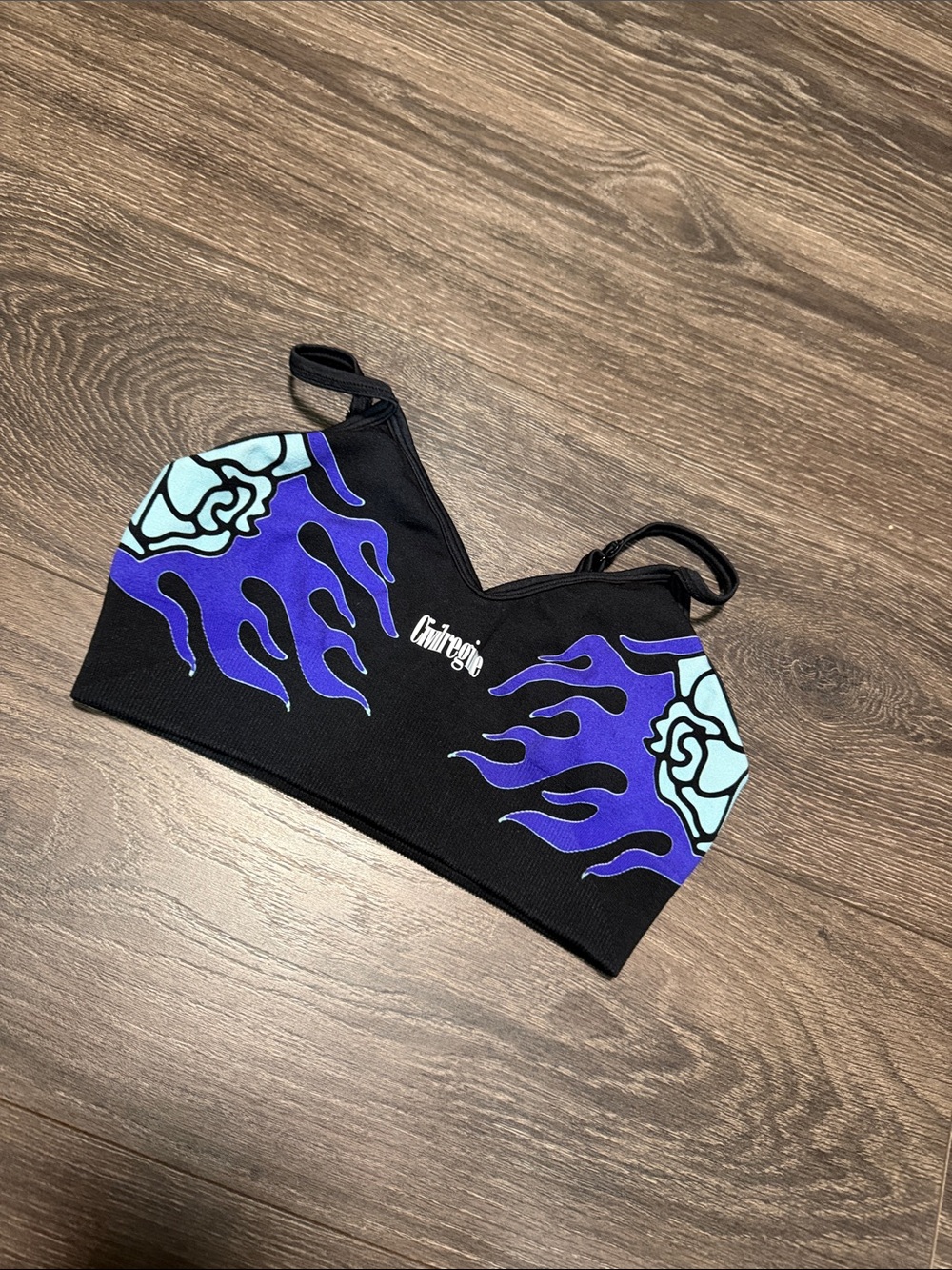 Flame & Rose Sports Bra — Black with Purple and Light Blue Accents